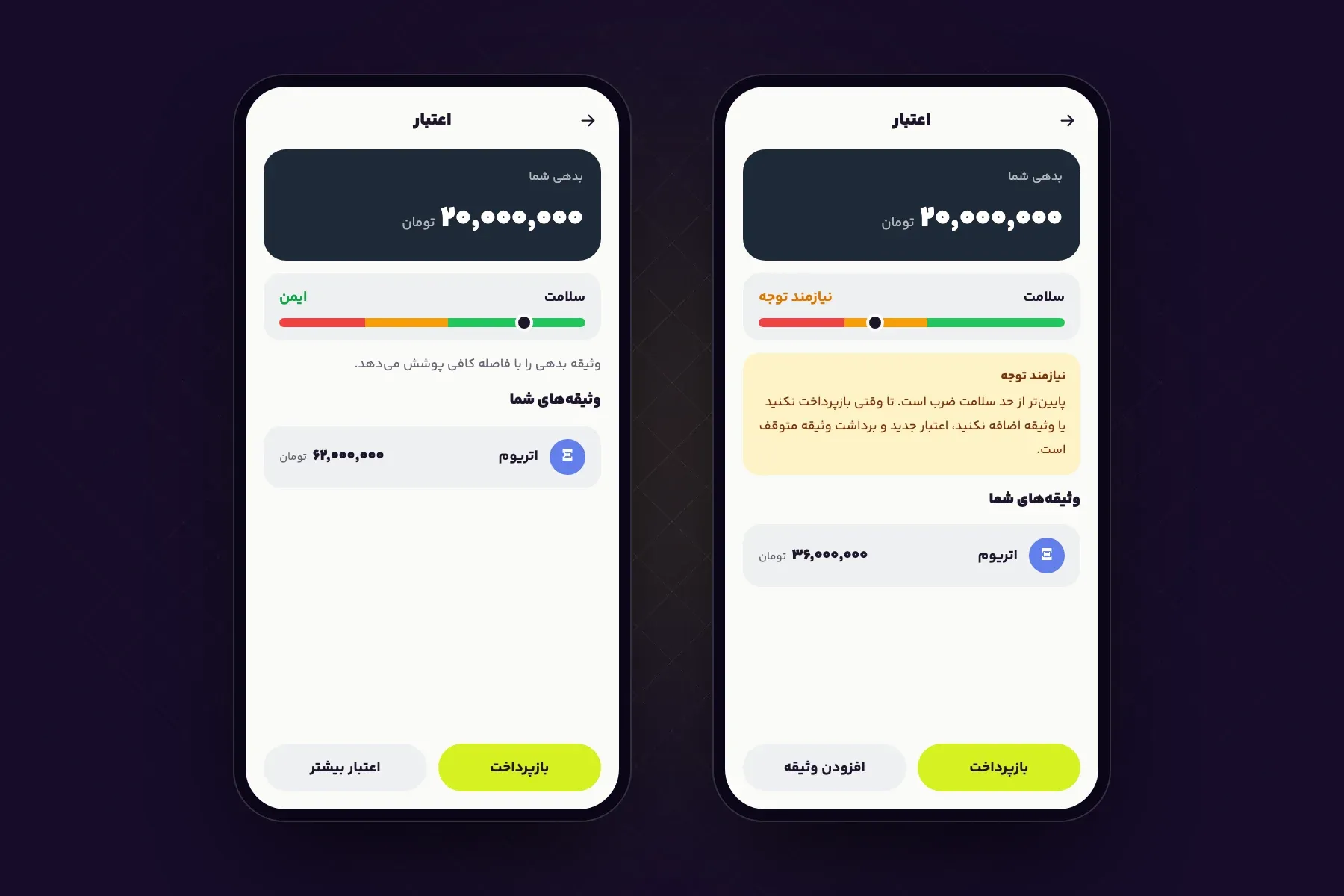 شاخص سلامت در دو وضعیت ایمن و نیازمند توجه